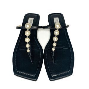 Jimmy Choo Alaina Faux Pearl Embellished Leather Flat Sandals EU 38 US 8 Black